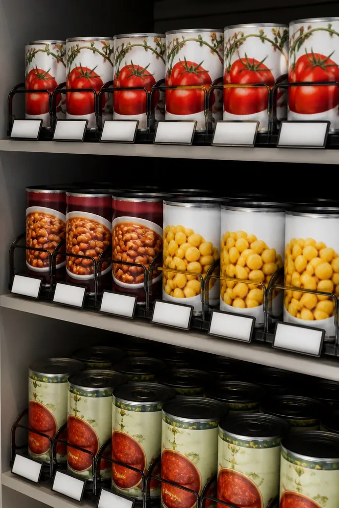Can rack with labeled fronts and small rotation cards tucked below