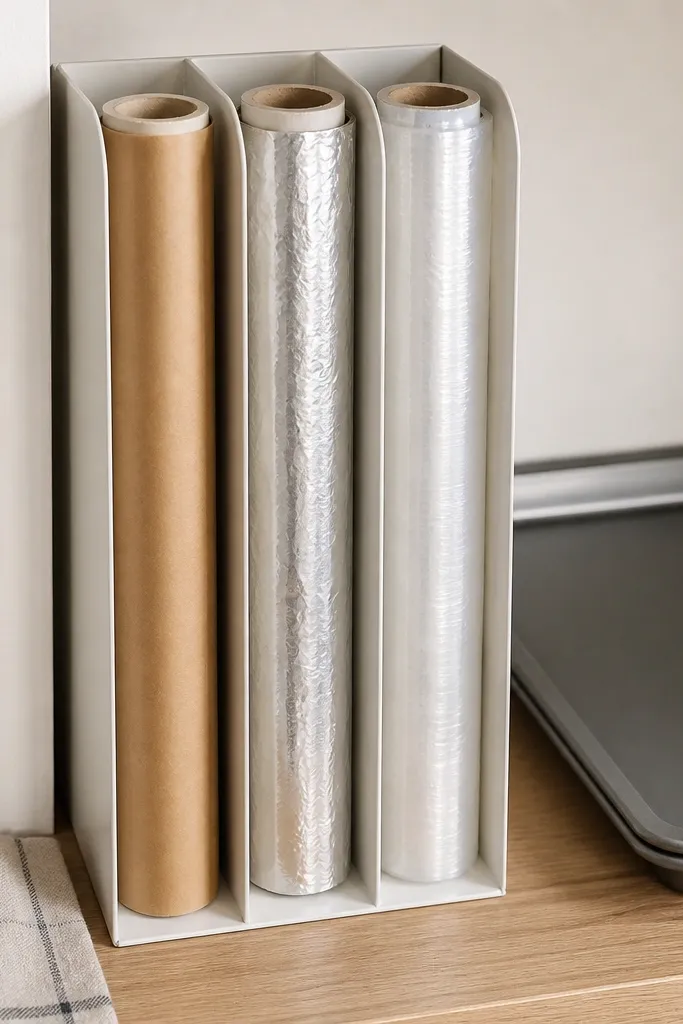 Vertical organizer holding baking paper, foil, and parchment rolls