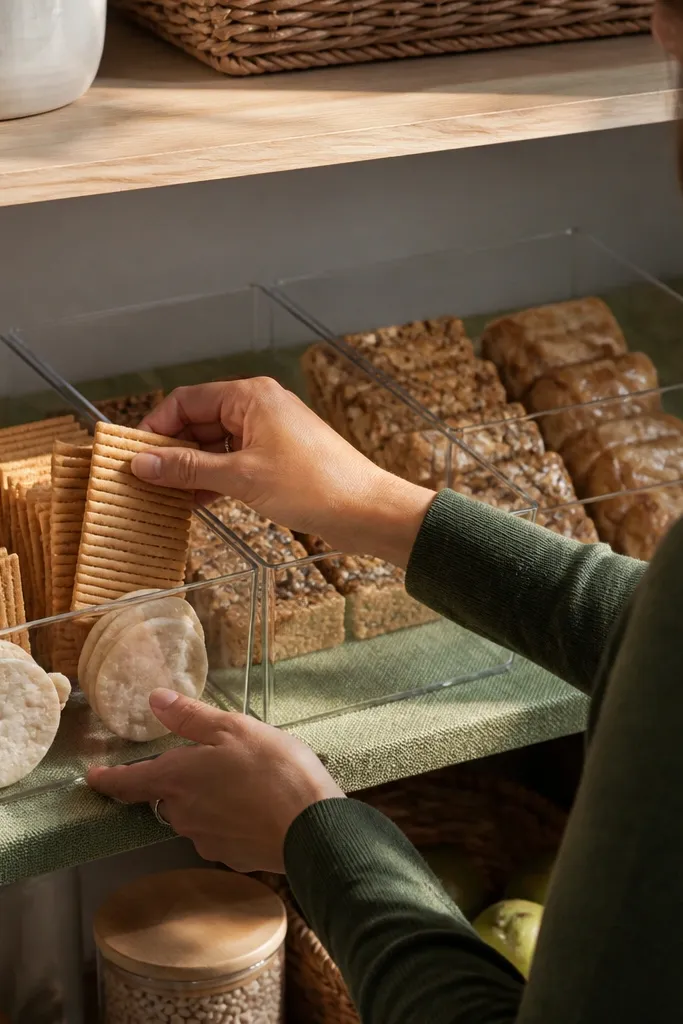 Fabric-lined shelf with clear bins in neat rows and labeled fronts