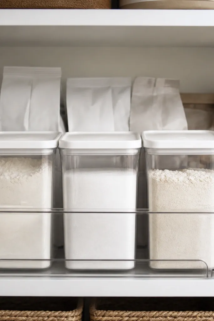 A pull-forward bin with labeled containers in a clean row