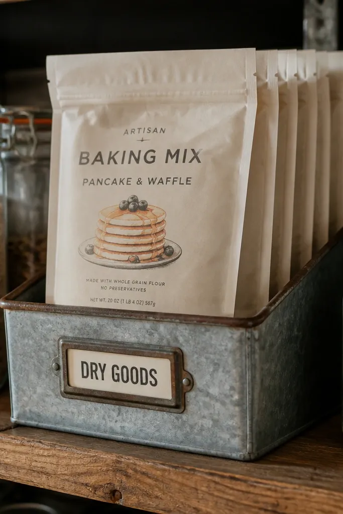 A bin with upright baking mix pouches and clear labels on the front