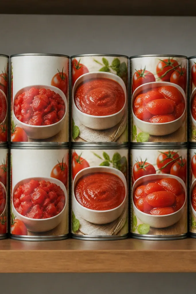 Rows of labeled canned tomatoes and sauces with uniform spacing