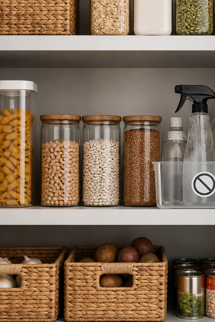 Clear bin holding cleaning items placed on a pantry shelf with labels