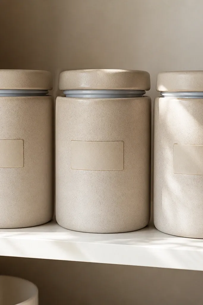 Matching canisters for flour, sugar, and rice with labels aligned on a shelf