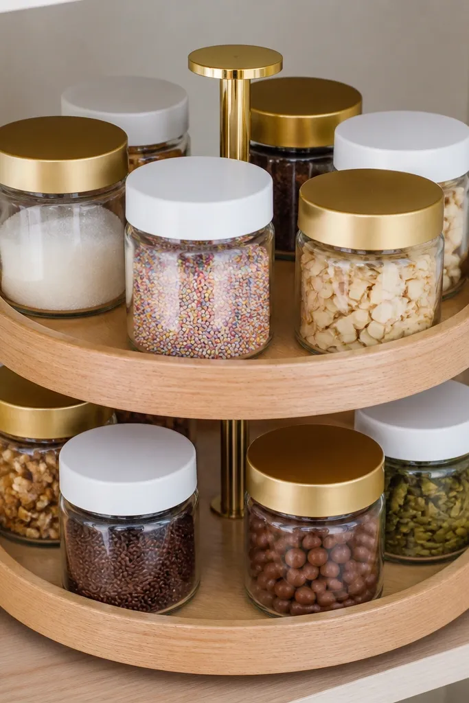 Two-tier turntable with small jars for toppings, labels facing out