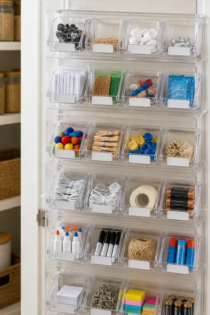 Clear organizer panel on inside door with flip tabs labeling jars and bags