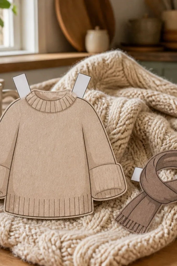 Paper doll wearing a chunky sweater with scarf and pants pieces