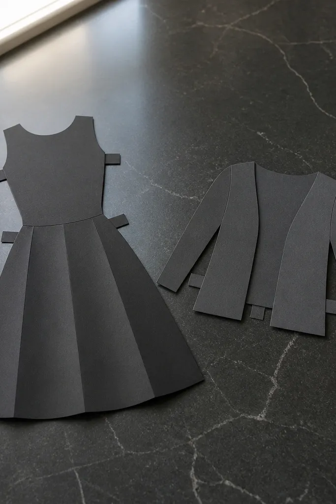 Paper doll in a black dress with a fold-on cardigan piece