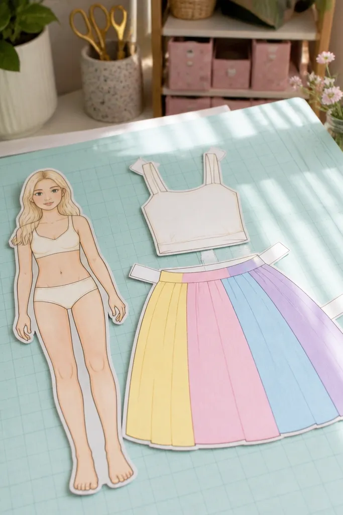 Paper doll with pastel rainbow skirt and crop top pieces
