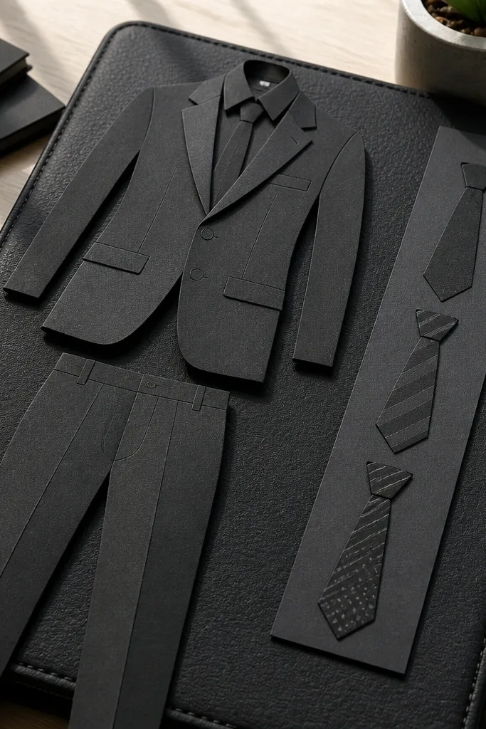 Paper doll wearing a suit jacket with separate tie pieces