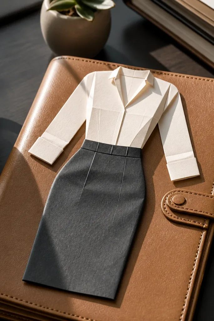 Paper doll wearing a blouse and pencil skirt with simple belt tab