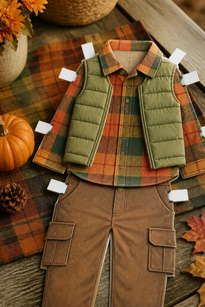 Paper doll wearing plaid shirt and a layered vest piece
