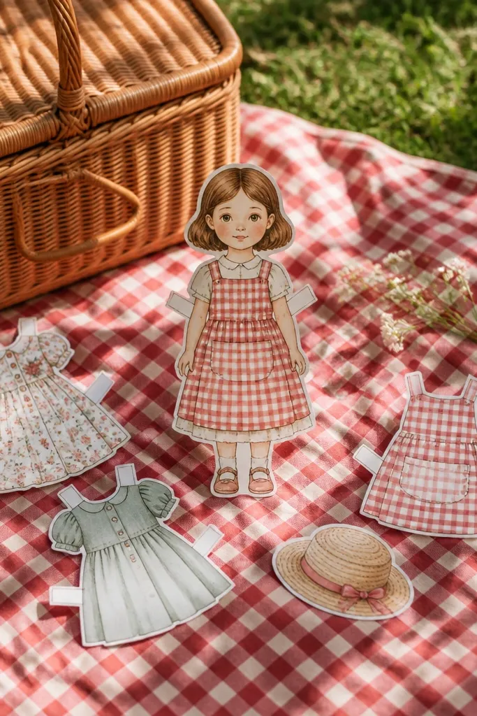 Paper doll wearing a gingham dress and an apron piece