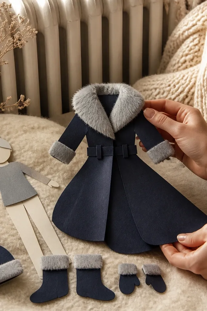 Paper doll wearing a winter coat with a separate fur collar piece