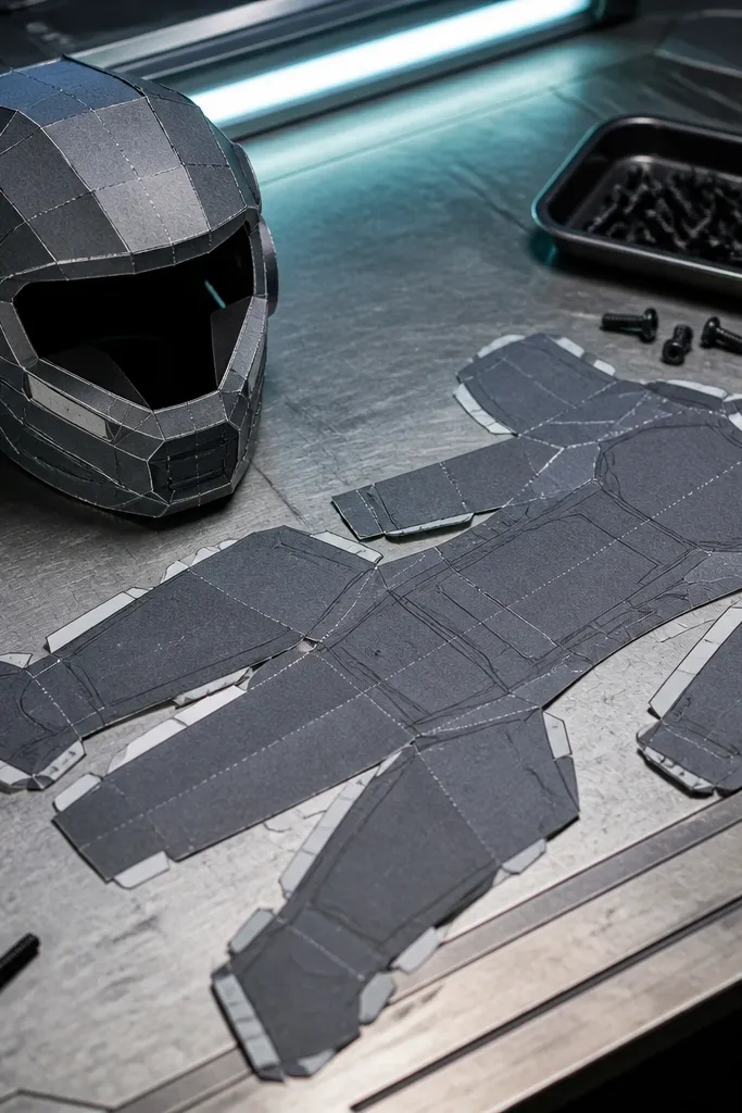 Paper doll in a sci-fi jumpsuit with a helmet headpiece