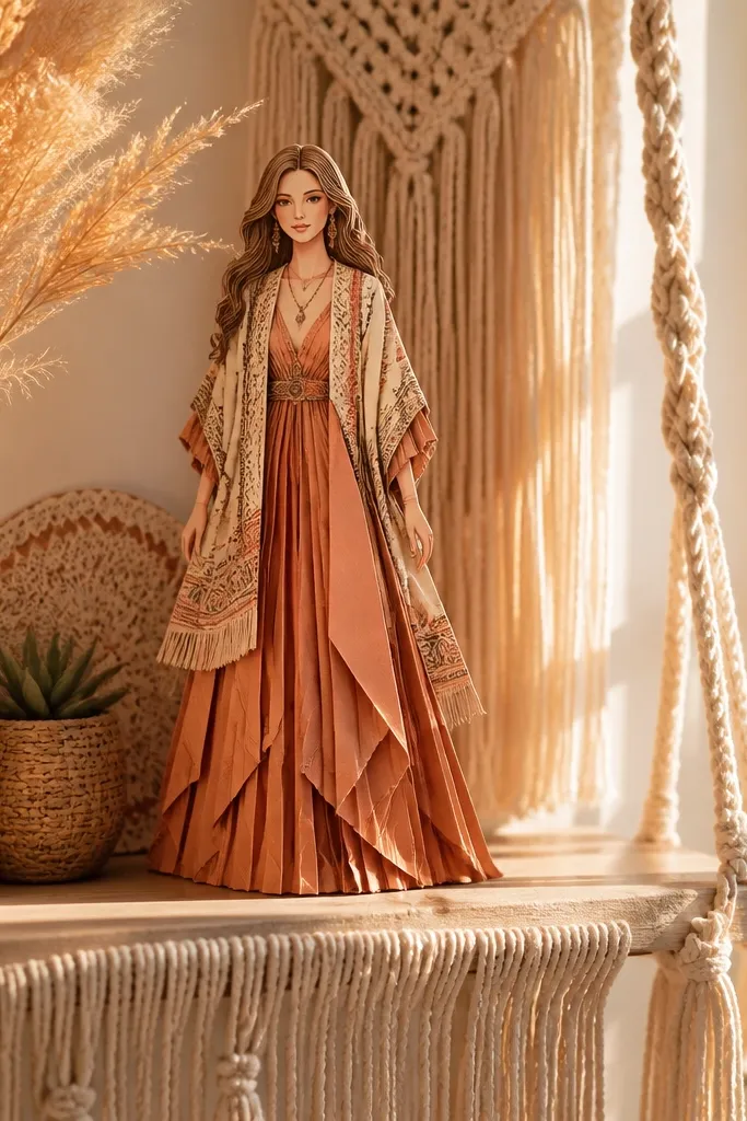 Paper doll wearing a maxi dress with a folded shawl layer