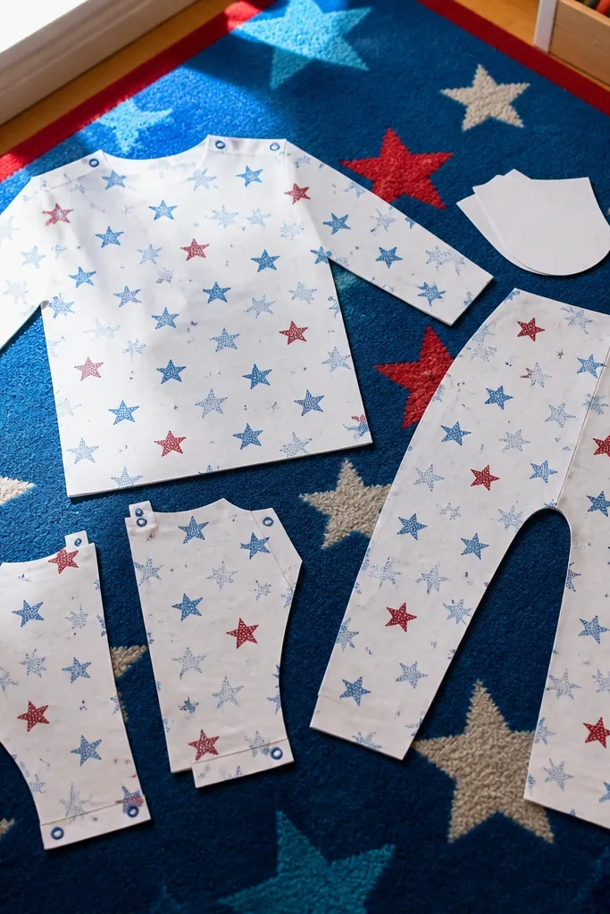 Paper doll in star pajamas with separate shorts or pants pieces