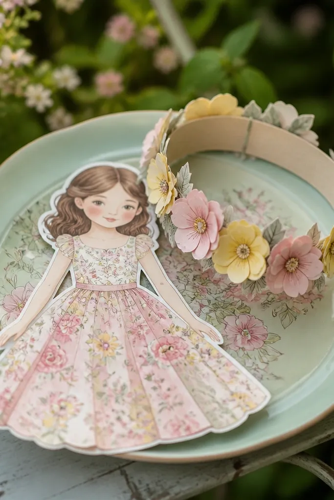 Paper doll wearing a garden dress with a flower crown piece