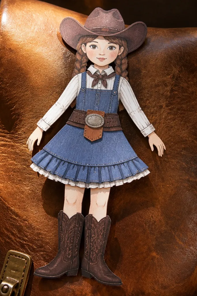 Paper doll in a cowgirl outfit with belt and boot pieces