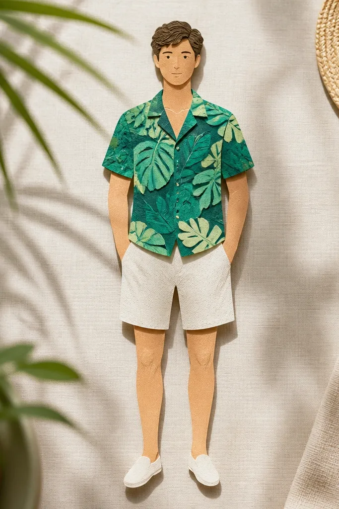 Paper doll wearing a tropical shirt and linen shorts pieces
