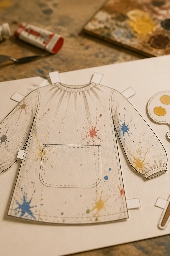 Paper doll in an art smock with paint palette and brush accessories