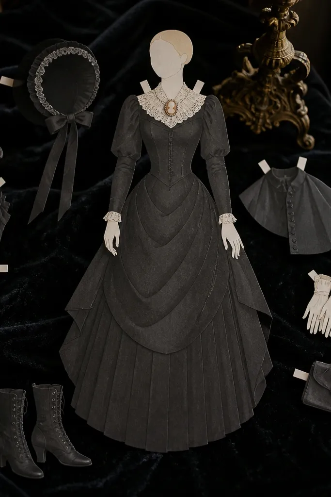 Black dress with white cameo brooch and lace collar paper doll outfit