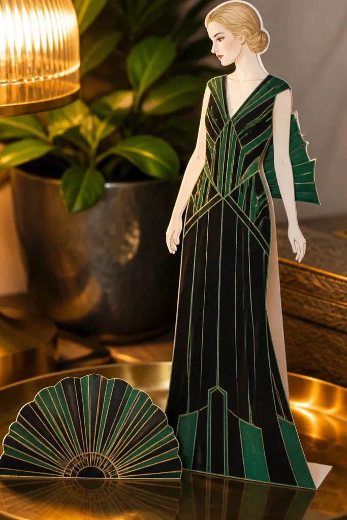 Black and gold art deco gown with geometric fan and card accessories