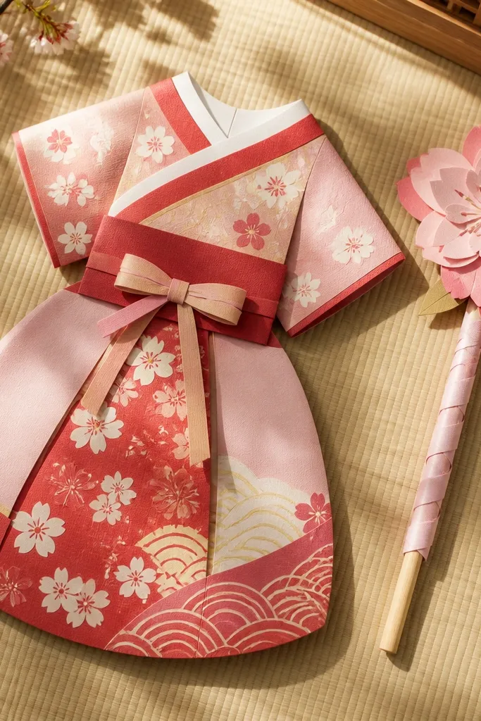 Layered kimono-style outfit with cherry blossom wand accessory