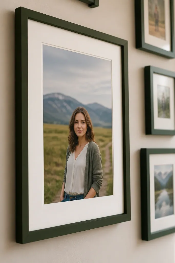 One large 11x14 frame centered among smaller 8x10 and 5x7 frames