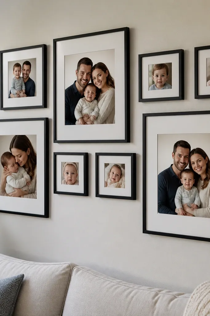 A collage with larger 5x7 and 8x10 frames plus smaller 4x4 squares as accents