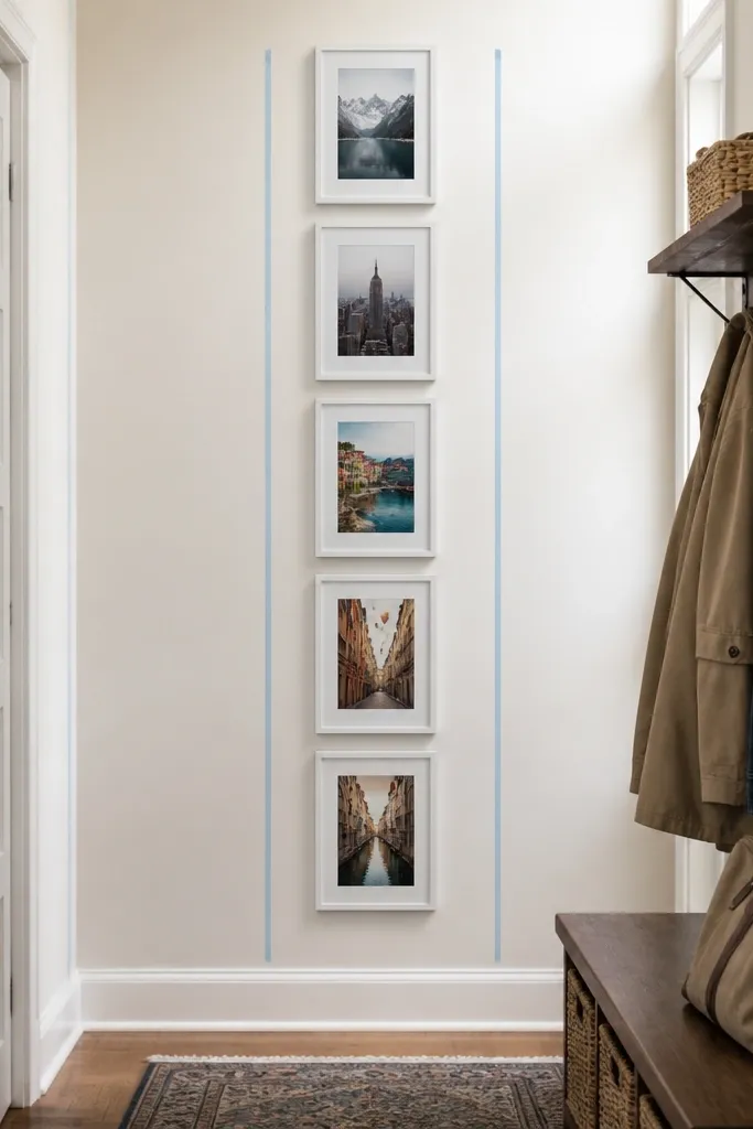 Slim 3x4 frames arranged in a straight vertical column on a wall