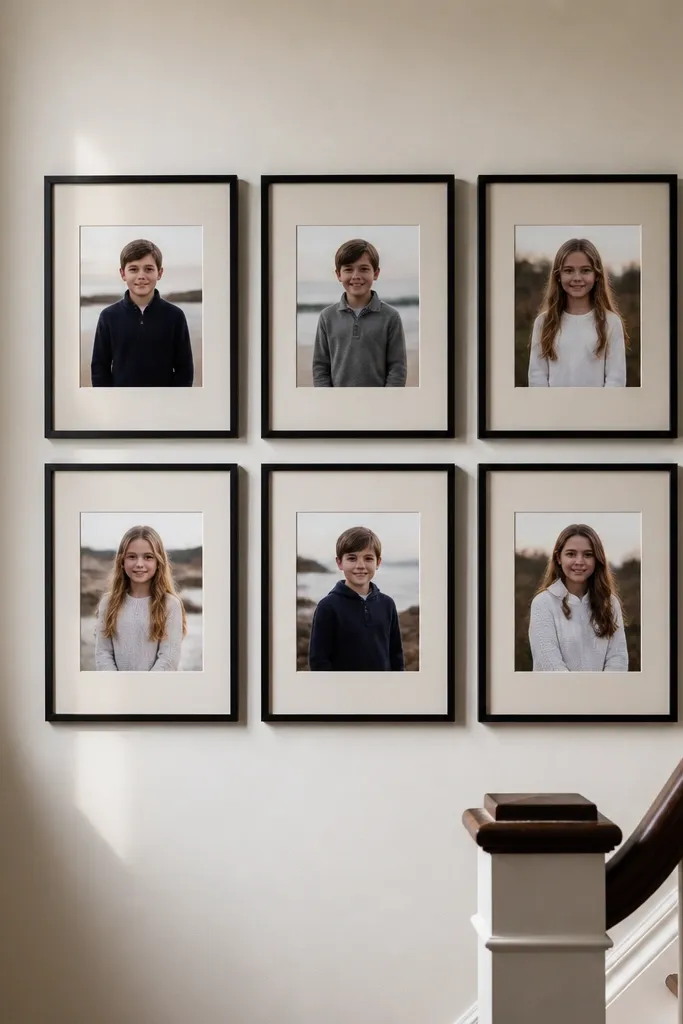 6x8 photos in frames with mats, arranged in a tidy mixed collage