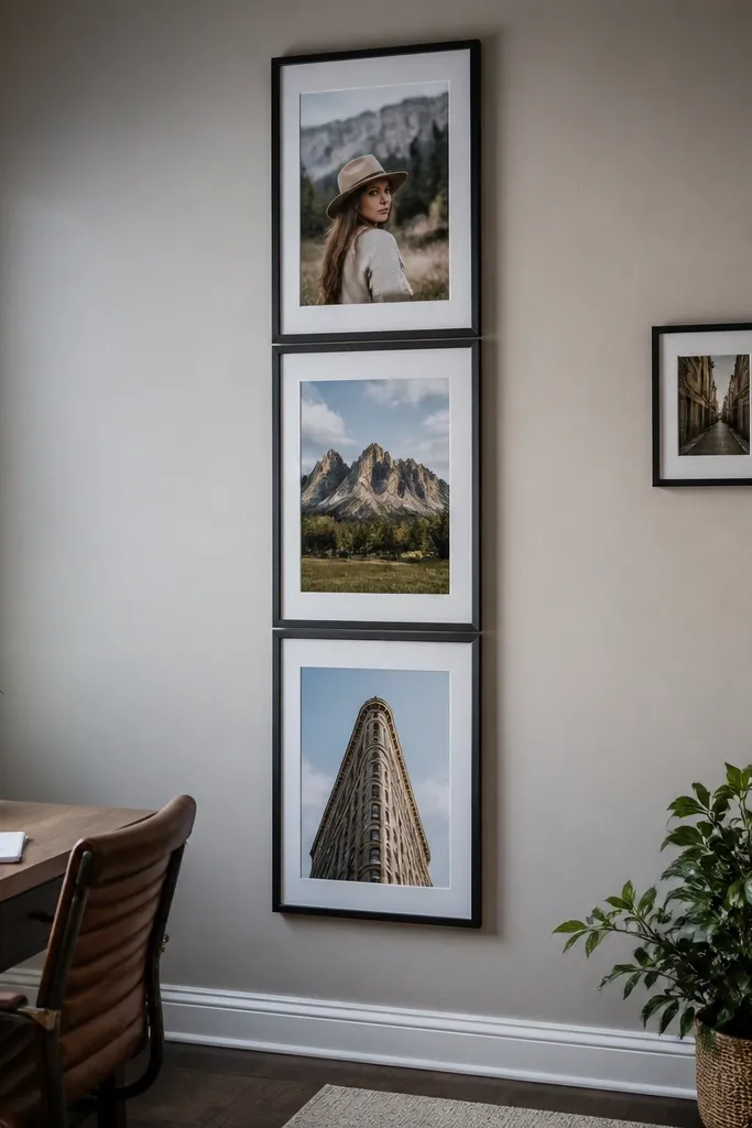 A vertical strip of 12x18 frames with consistent spacing like a modern gallery