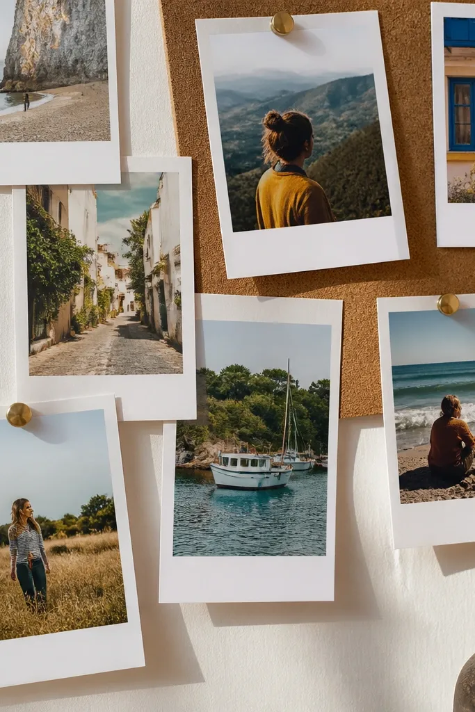 Photos with thick white margins arranged like polaroids on a wall