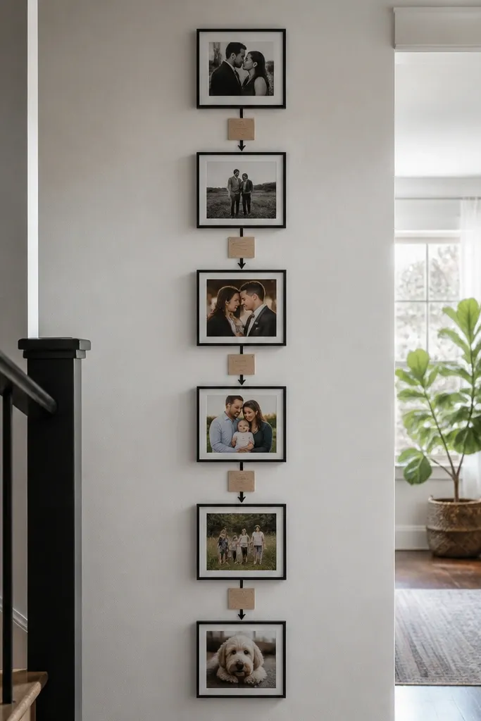A vertical column of photos with small labels and arrows