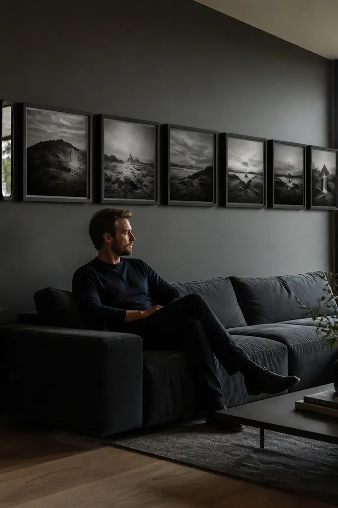 Dark matte frames with photos arranged in a horizontal band