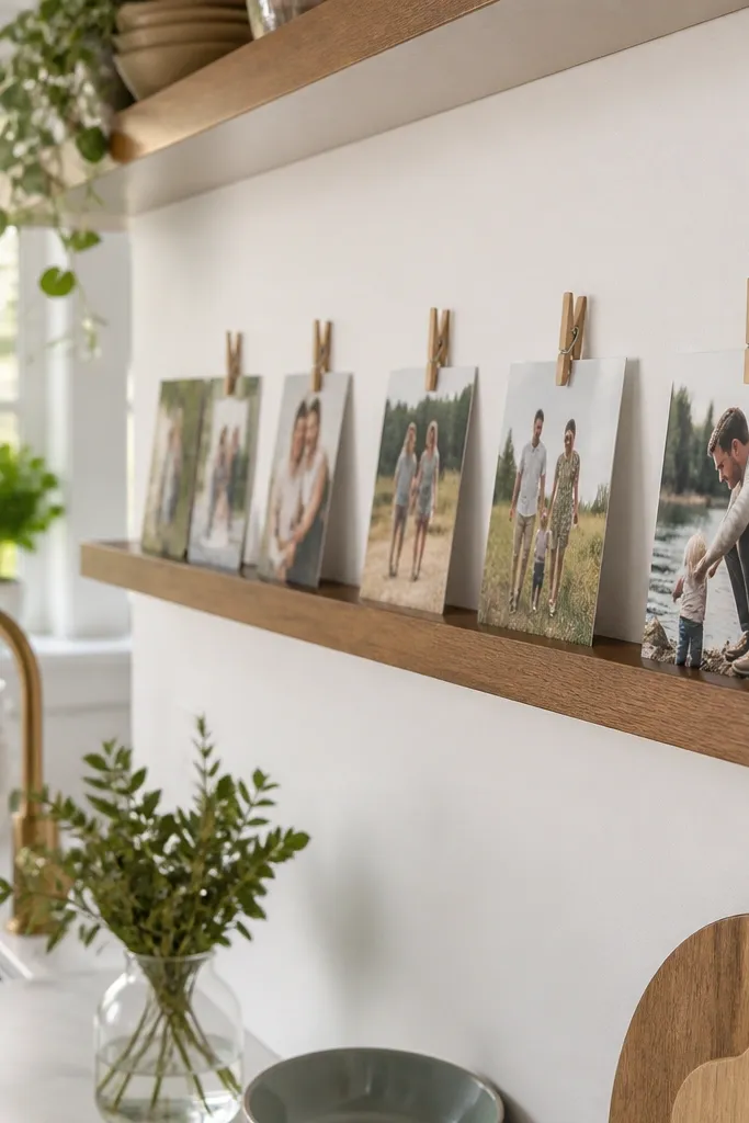 Floating photos clipped to a wooden ledge with small clips