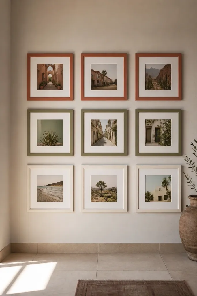 Three rows of frames with each row having a different color theme