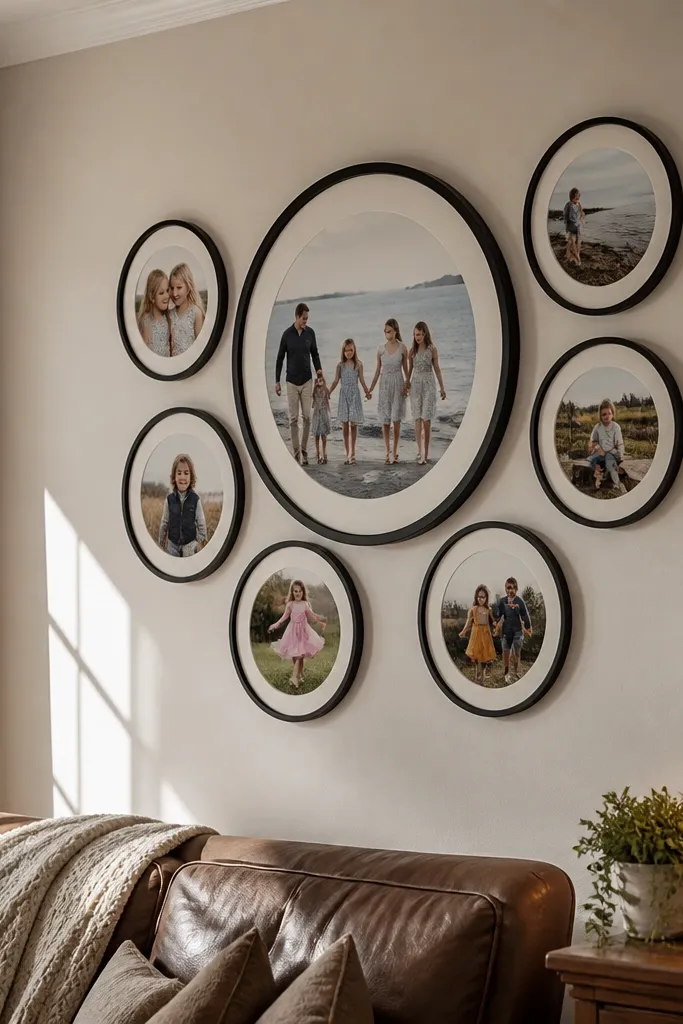 A cluster of round frames arranged around one large circle