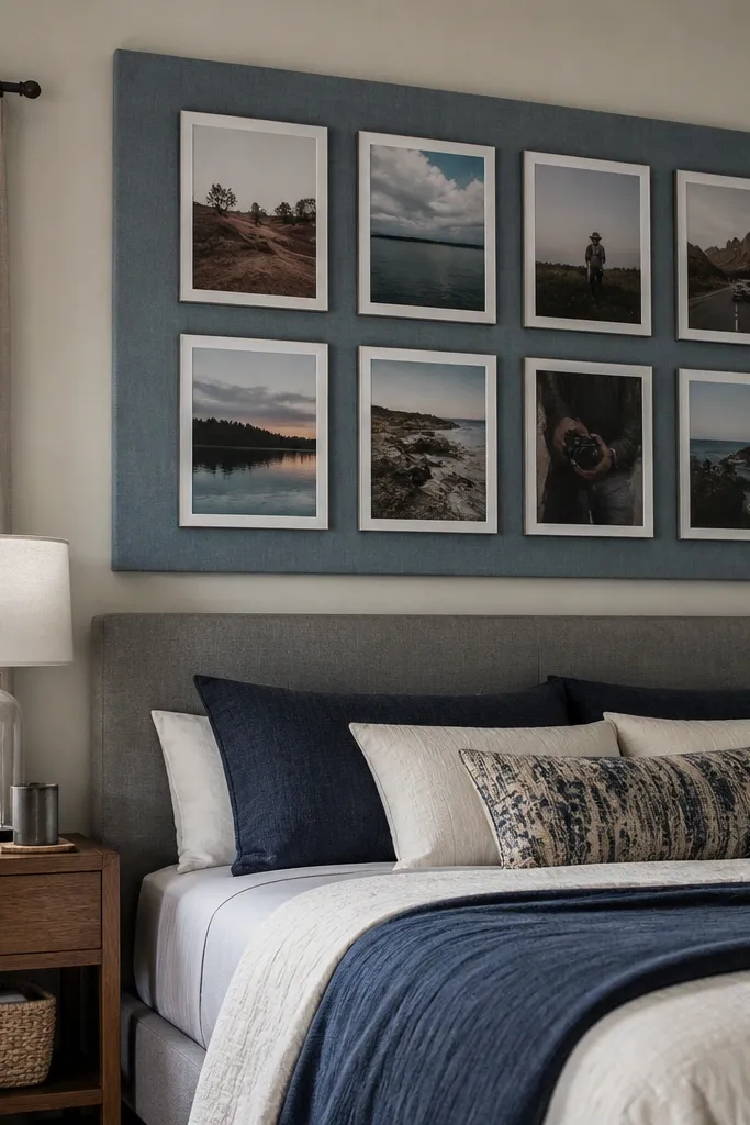 Photos mounted on a textured fabric panel with coordinated colors