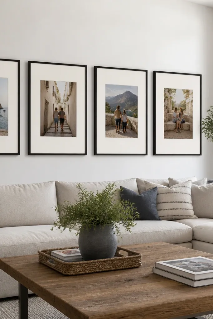 Large mat borders around photos in a neat row of frames