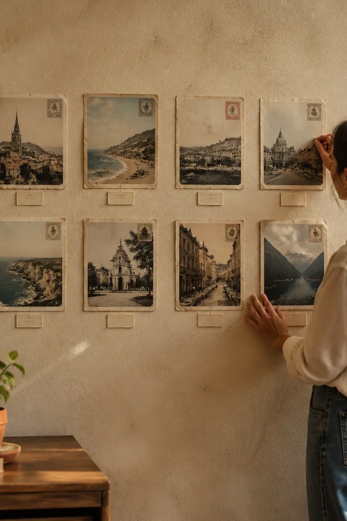 Postcard-style prints arranged like a wall of postcards
