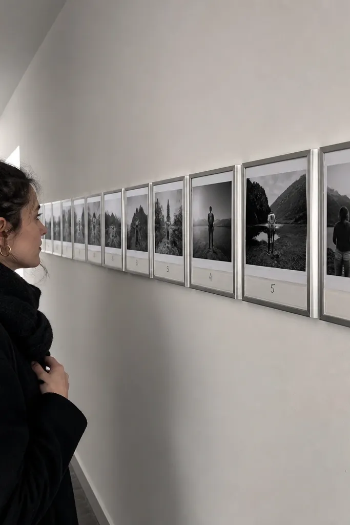Black-and-white photos in a strip with small numbered captions