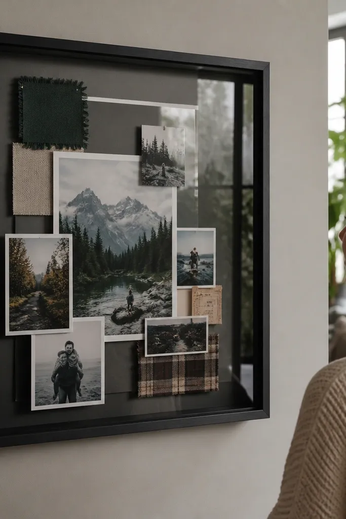 A shadow box collage with layered photos and small items