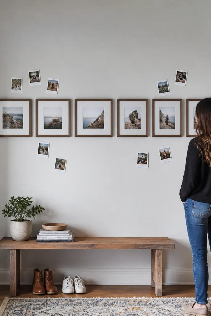 A straight row of frames with a few polaroid-style prints scattered around