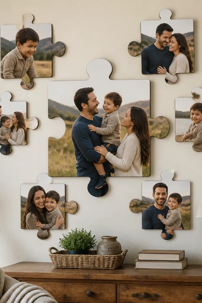 Photos arranged in irregular puzzle-piece shapes with clean spacing