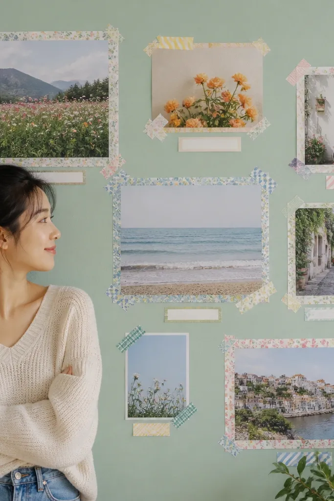 Printed photos outlined with neat washi tape rectangles on a wall