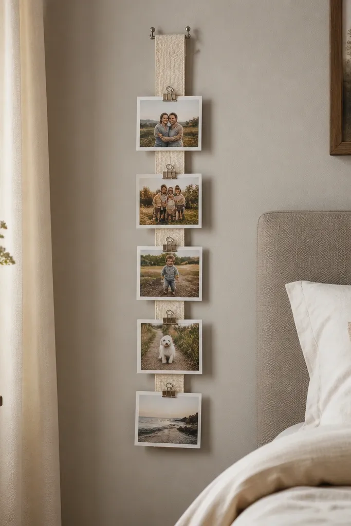 A ribbon line across the wall with photos clipped in a neat row