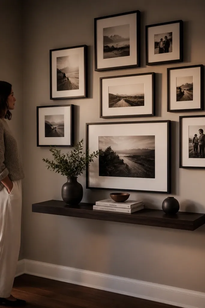 Frames arranged around a wall feature like a shelf with a corner grouping