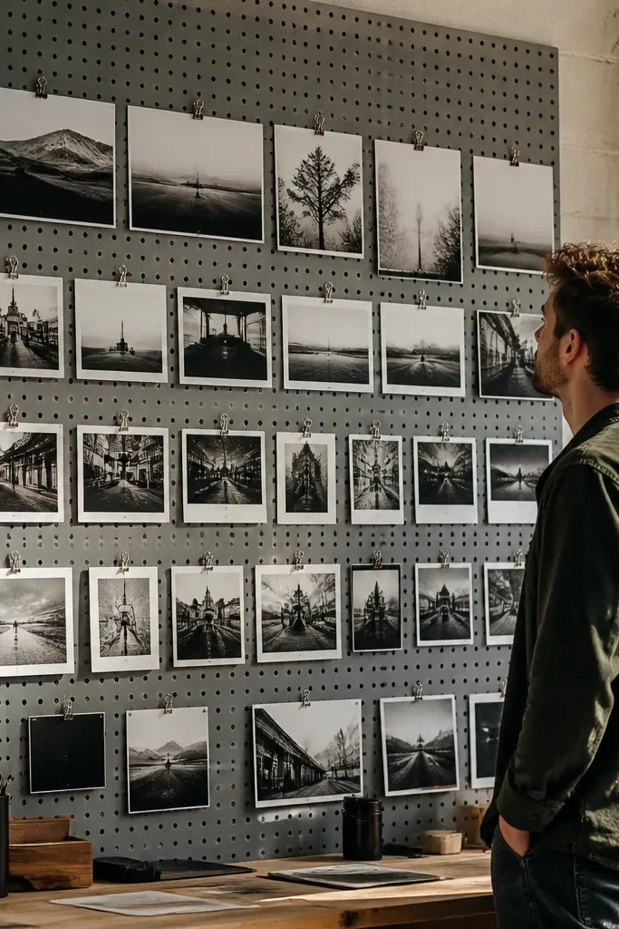 Photos attached to a pegboard with hooks and clips in a neat grid